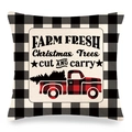 Detail of linen Christmas pillow case with buffalo plaid and red farmhouse truck - Vintage Farm Fresh Truck Style