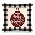Detail view of linen Christmas pillowcase with buffalo plaid pattern and Merry Christmas text - Christmas Ball Style