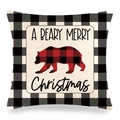 Close-up of linen Christmas pillow case with bear silhouette and buffalo plaid border - Beary Merry Christmas Bear Style