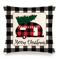 Detail of Christmas linen pillowcase with black plaid buffalo check and camper van - Christmas Camper Van Style