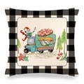 Kerst kussensloop van linnen met elf op blauwe truck en zwart-witte ruitjesrand - 45x45cm / Elf Donuts Vrachtwagen Stijl