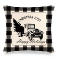 Kerst kussensloop met ruitpatroon, vintage pick-up truck en feestelijke dennenboom print - 45x45cm / Zwarte Vintage Vrachtwagen Stijl