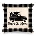 Kerst kussensloop met ruitjespatroon, vintage truck en Merry Christmas tekst - 45x45cm / Zwarte Vrachtwagen Kerstboom Stijl
