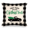 Kerst linnen kussensloop in boerderijstijl met vintage vrachtwagen en ruitjespatroon - 45x45cm / Verse Kerstbomen van de Boerderij Stijl