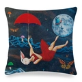 Linen pillow cover with surreal rabbit woman art and moon landing illustration - 45x45cm / Surrealist Bunny Girl Starry Sky Fall Art Style (Style 13)