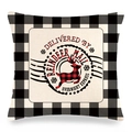 Christmas black plaid cushion cover with red reindeer mail print on linen fabric - Reindeer Mail Express Style
