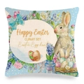 Federa in lino per Pasqua con coniglio e uova disegnati su motivo a pois blu chiaro - Stile Uova di Pasqua Felici e Giacinti (Stile-19)