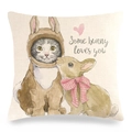 Linen Easter pillowcase with bunny and cat illustration and Some bunny loves you text - 45x45cm / Kitten in Bunny Hat & Rabbit Healing Style (Style 14)