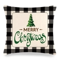 Detail of Christmas pillowcase with buffalo plaid border and green tree design - Geometric Merry Christmas Tree