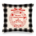 Detail of Christmas buffalo plaid linen pillowcase with festive wreath and holiday greeting - Merry Christmas And Happy New Year Wreath