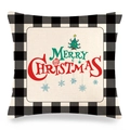 Close-up of Merry Christmas linen pillowcase with black buffalo plaid edges and festive tree - Colorful Merry Christmas Art