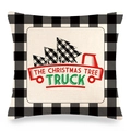 Close-up of linen pillowcase with black buffalo plaid border and red Christmas truck design - The Red Christmas Tree Truck