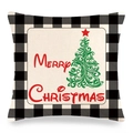 Macro detail of Christmas buffalo check pillowcase with artistic tree and Merry Christmas text - Modern Spiral Christmas Tree