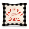 Close-up of Merry Christmas linen pillow cover with buffalo plaid border and reindeer design - Classic Christmas Reindeer And Tree