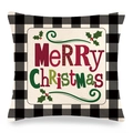 Detail of Christmas buffalo plaid linen pillow cover with Merry Christmas text - Merry Christmas Red Green Holly