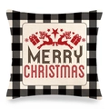 Macro view of Christmas pillow cover with black plaid borders and Merry Christmas print - Merry Christmas Reindeer