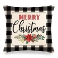 Detail of linen Christmas pillowcase with buffalo plaid edge and festive floral print - Merry Christmas Retro Floral