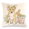 Linen Easter pillowcase with watercolor corgi, bunny and spring daisy floral pattern - 45x45cm / Corgi & Rabbit Easter Style (Style 15)
