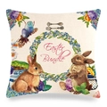 Detailed view of linen pillowcase with hand-painted Easter bunnies and floral wreath - Easter Bundle Pattern (18)