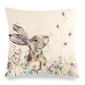 Detailed texture of linen Easter pillowcase featuring watercolor bunny and floral pattern - Rabbit with Butterfly and Flowers (16)