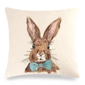 Close-up of linen fabric texture on square Easter pillowcase with hand-painted bunny - Rabbit with Blue Bow (11)