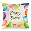Dettaglio della federa in lino Happy Easter con uova colorate e trama del tessuto - Motivo Uova ad Acquerello Vibranti Attorno al Testo(16)