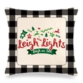 Funda de cojín navideña de lino a cuadros con motivos festivos y letras de Leigh Lights - Reno Y Árbol De Navidad (Leigh Lights)