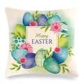 Dettaglio federa in lino pasquale con scritta Happy Easter e stampe floreali ad acquerello - Motivo Uova ad Acquerello Multicolore con Bordo Floreale(15)
