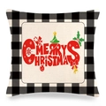 Funda de cojín navideño de lino con cuadros negros y texto de Merry Christmas - Merry Christmas Letra Roja Con Adornos