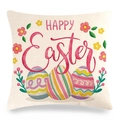 Dettaglio della federa in lino con scritta Happy Easter e motivi di uova colorate - Motivo Tre Uova con Slogan Rosso(9)