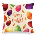 Dettaglio della federa in lino con uova di Pasqua colorate e scritte festive - Motivo Slogan Arancione con Uova e Carote(8)