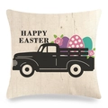Detail of Happy Easter linen pillowcase with vintage truck and colorful eggs print - Black Truck With Pink Roses Style (20)
