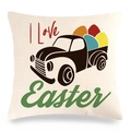 Macro detail of Easter linen pillowcase showing vintage truck and colorful eggs print - Brown Black Silhouette Truck With Eggs Style (18)