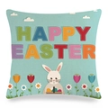 Close-up of Happy Easter linen pillowcase with white bunny and tulip digital printing - Light Blue White Rabbit Tulip And Colored Eggs Pattern (20) / 45x45cm