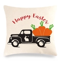 Detail of Happy Easter linen pillowcase featuring a vintage truck with carrots and rabbit - Black Truck With Three Carrots Style (19)