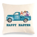 Detail of linen Easter pillowcase featuring a watercolor blue truck with colorful eggs - Watercolor Style Blue Pickup Style (15)