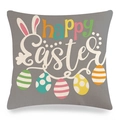 Detailed view of linen Happy Easter pillowcase with bunny ears and colorful eggs - Dark Grey Easter Eggs And Rabbit Ears Greeting Pattern (18) / 45x45cm