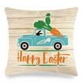 Detail of linen Easter pillow cover with blue truck, large carrot and Happy Easter text - Blue Vintage Pickup With Giant Carrot Style (17)