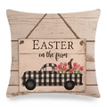 Detail of linen Easter pillow cover showing vintage pickup truck and tulips print - Checkerboard Truck With Tulips Style (14)