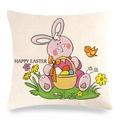 Close-up of Easter linen pillowcase showing detailed texture and Happy Easter bunny print - Pink Rabbit Basket Colored Eggs And Bird Pattern (17) / 45x45cm