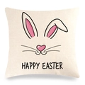 Close-up of linen fabric texture on Happy Easter cushion cover with bunny ears and heart nose - Beige Cartoon Rabbit Face Decoration Greeting Pattern (15) / 45x45cm