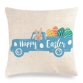 Macro detail of Easter pillowcase showing linen texture and Happy Easter truck print - Blue Truck With Multiple Eggs Style (12)