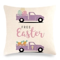 Detail of Easter linen pillow cover featuring purple vintage trucks and festive eggs texture - Double Row Purple Trucks Pattern Style (13)