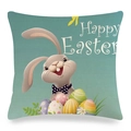 Detail of linen Easter cushion cover with bunny and colorful eggs on mint background - Mint Green Polka Dot Bow Rabbit And Colored Eggs (16) / 45x45cm