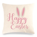 Close-up of linen Easter pillowcase texture with Happy Easter text and rabbit ears - Beige Pink Handwritten Greeting And Pink Rabbit Ears (13) / 45x45cm
