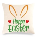 Close-up of linen Easter pillowcase texture with Happy Easter text and bunny ears - Green Art Font Greeting And Orange Rabbit Ears (12) / 45x45cm