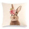 Detailed texture of linen cushion cover with a brown rabbit and pink peony flower - Realistic Brown Rabbit And Pink Peony Floral (11) / 45x45cm