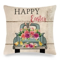 Paaslinnen kussensloop met blauwe pick-uptruck, roze rozen en Happy Easter tekst - Blauwgroene Vrachtwagen met Rozen Stijl (2)