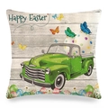Happy Easter linnen kussensloop met vintage groene truck en eieren op houtnerf - Vintage Groene Vrachtwagen met Eieren Stijl (3)
