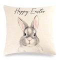 Beige linnen kussensloop met Happy Easter tekst en grijze konijnentekening - Schets Grijs Konijn Vrolijk Pasen (3)